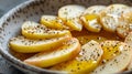 A bowl of sliced apples with honey and pepper on a plate, AI