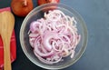 Bowl of sliced organic red onions