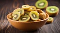 Bowl with slices of kiwi on wooden background, top view. Dried fruit as healthy food. Generative AI Royalty Free Stock Photo