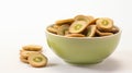 Bowl with slices of kiwi on wooden background, top view. Dried fruit as healthy food. Generative AI Royalty Free Stock Photo