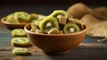 Bowl with slices of kiwi on wooden background, top view. Dried fruit as healthy food. Generative AI Royalty Free Stock Photo