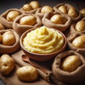 A bowl of smooth mashed potatoes sitting in a sea of potatoes and harvest of hessian bags filled with potatoes