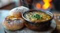 Bowl of Soup and Bagel on Table Royalty Free Stock Photo