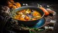 a bowl of soup with carrots, potatoes and herbs on a plate next to a bunch of pumpkins and a bunch o