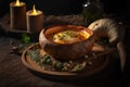 a bowl of soup on a plate with candles and herbs around it on a table with a wooden tray and a candle holder in the background