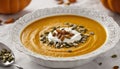 A bowl of soup with pumpkin seeds and cream on top
