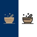 Bowl, Soup, Science Icons. Flat and Line Filled Icon Set Vector Blue Background