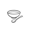 Bowl of soup with spoon hand drawn sketch icon.