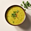 A bowl of soup with a sprig of parsley.