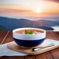 bowl of soup on table in front of sunrise background