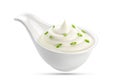 Bowl of sour cream and onion isolated on white Royalty Free Stock Photo