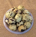A bowl of speckled quail eggs on a burlap background