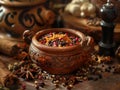 A bowl of spice mix beside a pot, ready to season and infuse the broth with aromatic scents