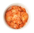 Bowl of spicy cabbage kimchi isolated on white, top view