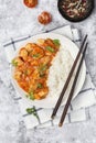 Bowl with spicy chicken, vegetables and rice Royalty Free Stock Photo