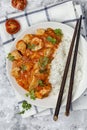 Bowl with spicy chicken, vegetables and rice Royalty Free Stock Photo