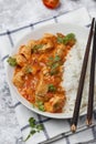 Bowl with spicy chicken, vegetables and rice Royalty Free Stock Photo