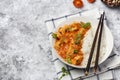 Bowl with spicy chicken, vegetables and rice Royalty Free Stock Photo