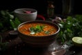 A bowl of spicy lentil soup with cilantro. Generative AI