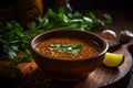 A bowl of spicy lentil soup with cilantro. Generative AI