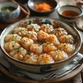 Bowl of spicy shrimp dumplings with parsley and chili sauce