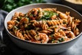 bowl of spicy shrimp pasta with plenty of fresh herbs and garlic Royalty Free Stock Photo