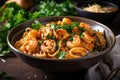 bowl of spicy shrimp pasta with plenty of fresh herbs and garlic Royalty Free Stock Photo