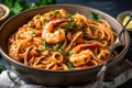 bowl of spicy shrimp pasta with plenty of fresh herbs and garlic Royalty Free Stock Photo