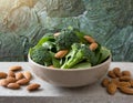 Bowl of Spinach, Broccoli, and Almonds on Table