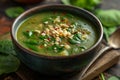 Bowl of spinach soup with chil pods and almonds