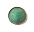 Bowl of spirulina algae powder on white, top view Royalty Free Stock Photo