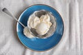 Bowl and spoon with tasty vanilla ice cream Royalty Free Stock Photo