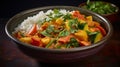 A bowl of steaming and fragrant vegetable curry with basmati rice Royalty Free Stock Photo