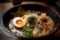 Bowl of steaming noodles, featuring fresh broccoli and a boiled egg, AI-generated.