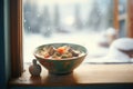 bowl of steamy stew with winter view