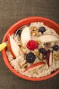 Bowl of steel cut oats served with fresh fruit and Royalty Free Stock Photo