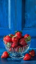 A bowl of strawberries on a blue table Royalty Free Stock Photo