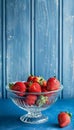 A bowl of strawberries on a blue table Royalty Free Stock Photo