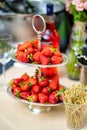 Bowl of strawberries on holiday table catering. delicious sweet treats outdoors Royalty Free Stock Photo