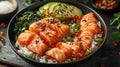 A bowl of sushi with salmon, rice and vegetables, AI Royalty Free Stock Photo