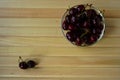 Bowl with sweet cherry on a wooden table top view Royalty Free Stock Photo