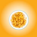 Bowl of sweet cornflakes with milk on orange background, top view Royalty Free Stock Photo