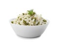 Bowl with tasty boiled rice and peas on white background Royalty Free Stock Photo