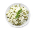Bowl with tasty boiled rice and peas on white background Royalty Free Stock Photo