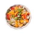 Bowl with tasty boiled rice and vegetables on white background Royalty Free Stock Photo