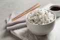 Bowl of tasty cooked rice served on table Royalty Free Stock Photo