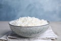 Bowl with tasty cooked rice on table, closeup Royalty Free Stock Photo
