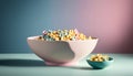 Bowl with tasty cornflakes on color background, 3d render