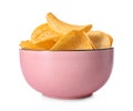 Bowl with tasty crispy potato chips on white background Royalty Free Stock Photo