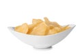 Bowl with tasty crispy potato chips on white background Royalty Free Stock Photo